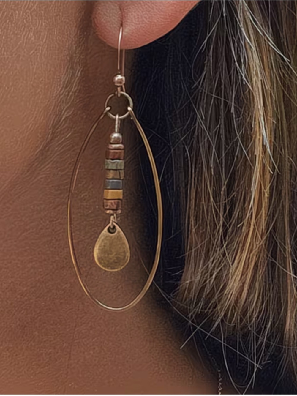 Burnt Copper Hoop Earrings with Multicolor Bead Stack Natural Stone